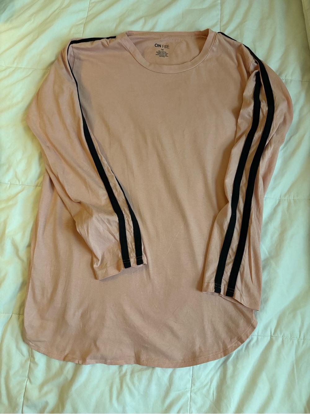 On Fire Blush Pink Long Sleeve Shirt with Black Sleeve Stripes